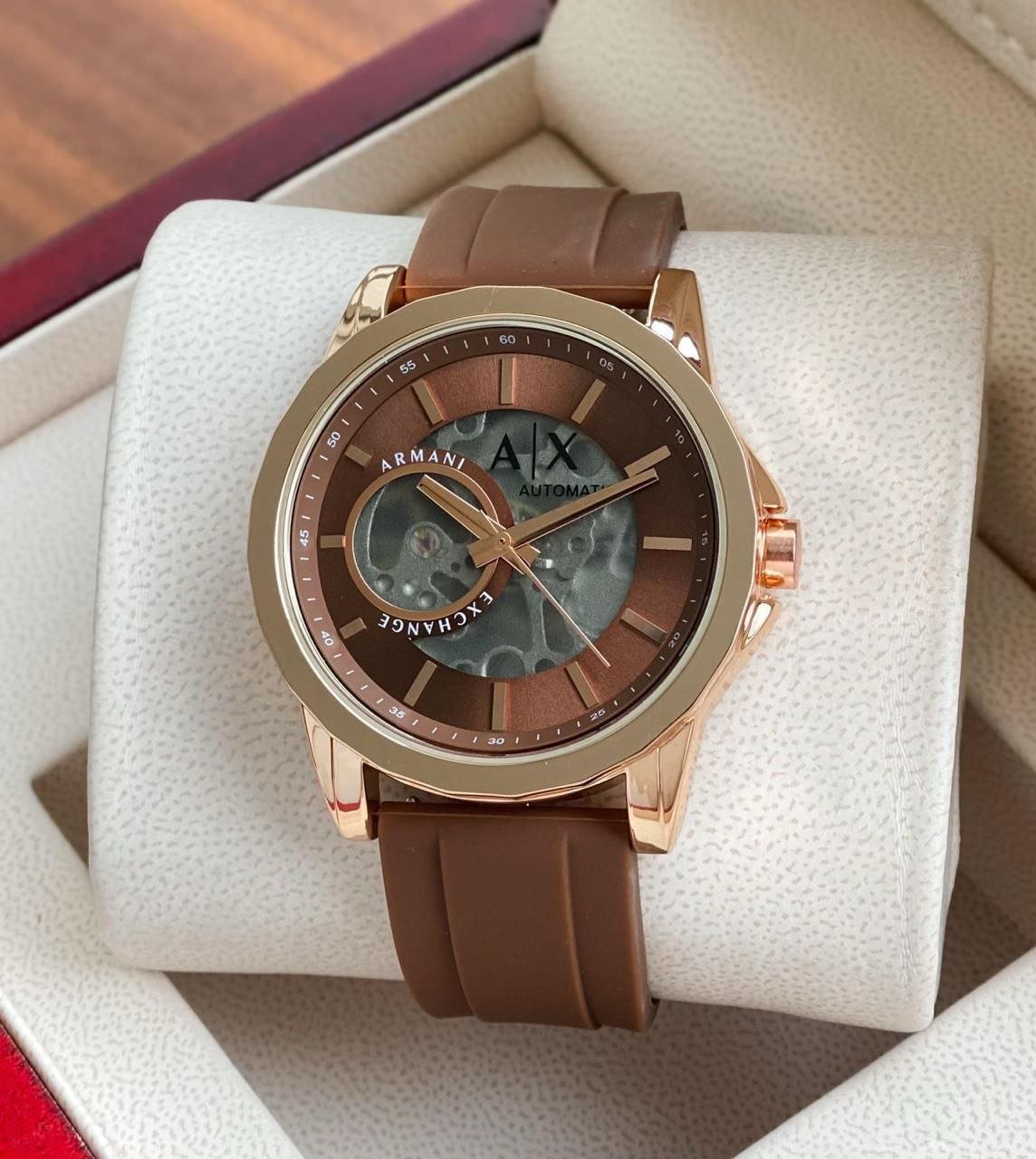Armani Exchange Automatic Skeleton Watch (Rose-Gold Tone Case with Brown Semi-Skeleton Dial and Brown Silicone Strap) Hover