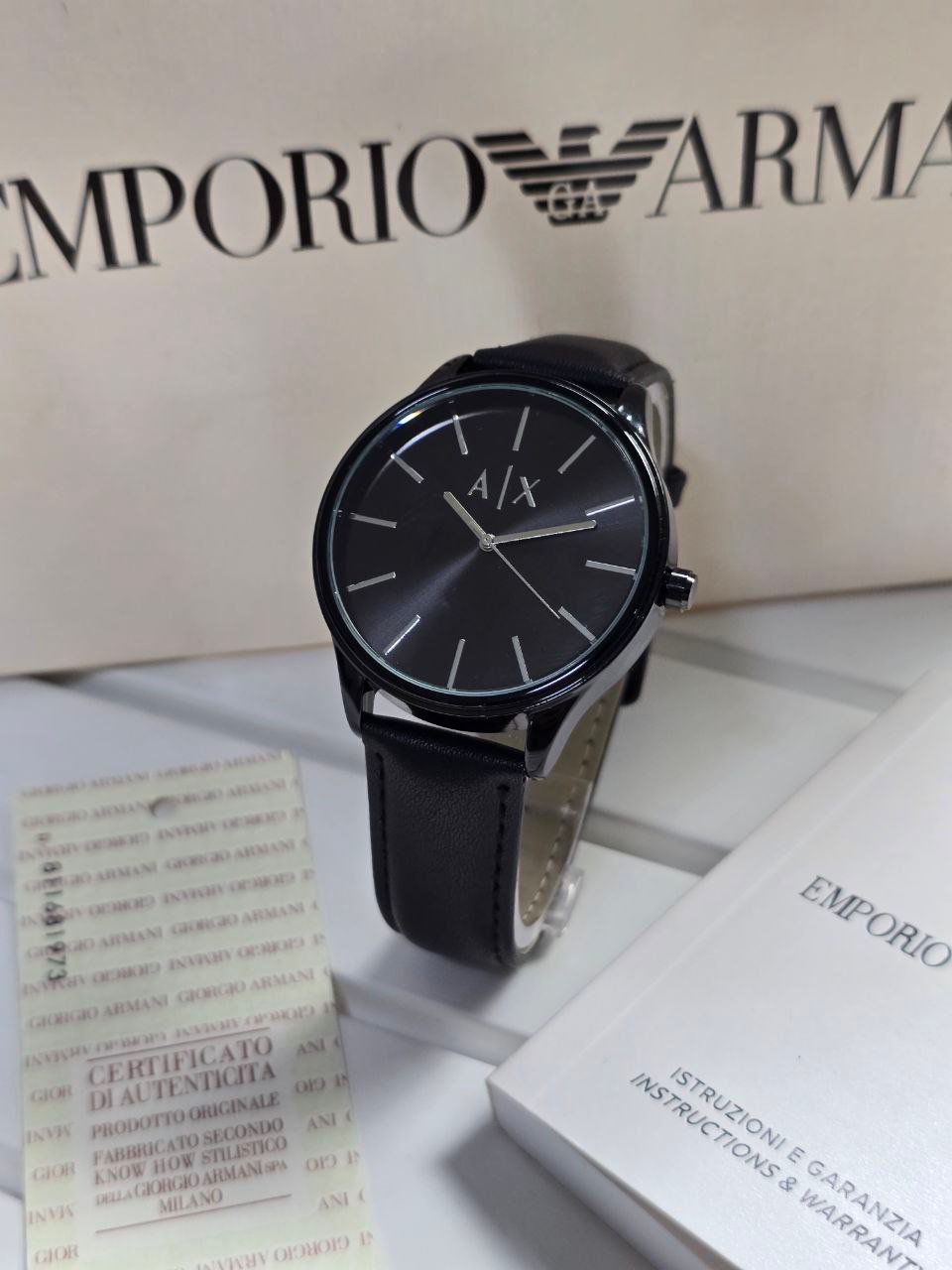 Armani Exchange Cayde — All-Black Stainless Steel Case with Black Sunray Dial and Leather Strap Hover