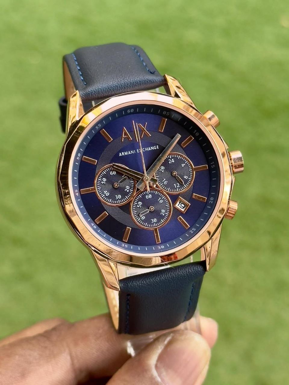Armani Exchange Chronograph (Rose-Gold Case with Deep Blue Dial and Blue Leather Strap) Gallery