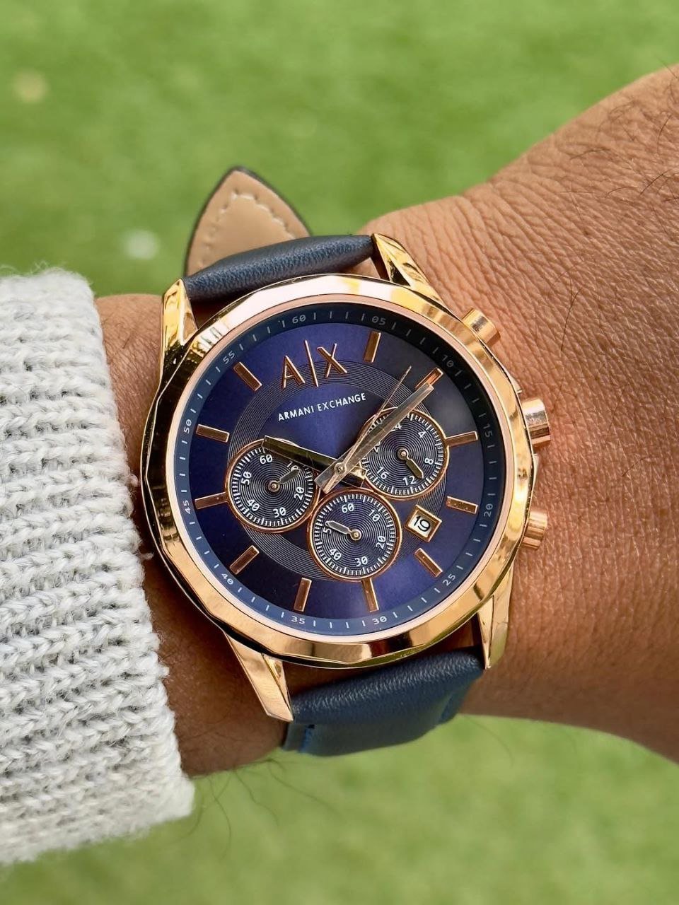 Armani Exchange Chronograph (Rose-Gold Case with Deep Blue Dial and Blue Leather Strap) Gallery