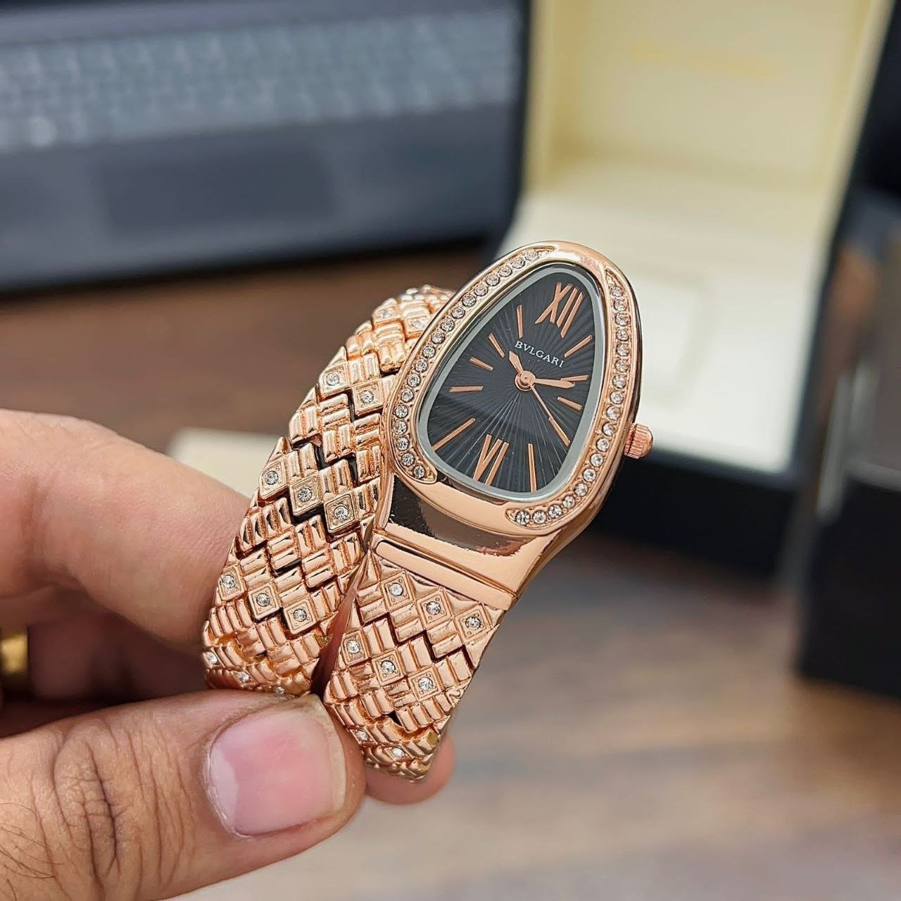 Bvlgari Serpenti Tubogas — 18k Rose Gold-Tone Case with Diamond-Set Bezel, Black Dial, and Double-Spiral Flexible Bracelet Hover