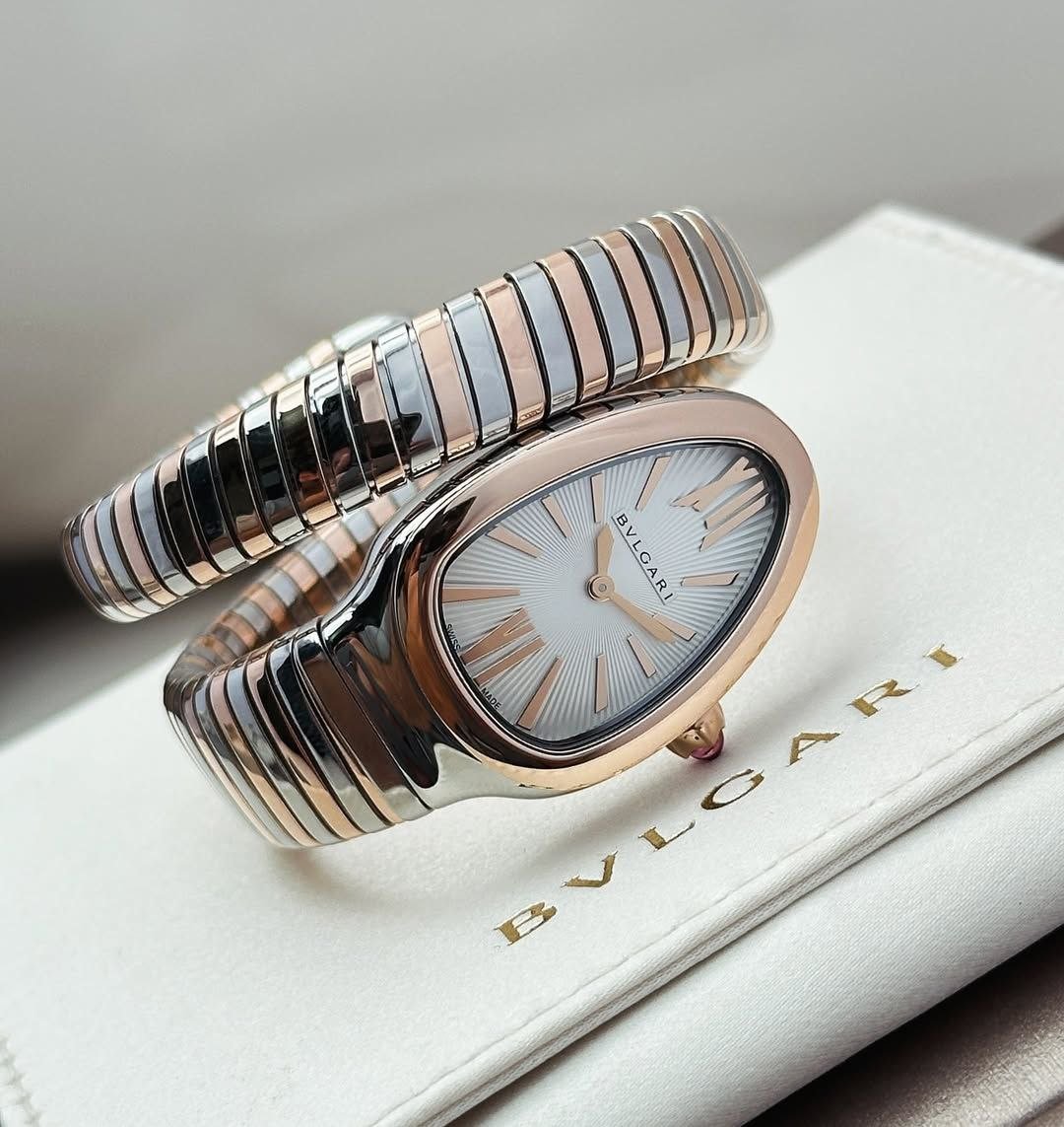 Bvlgari Serpenti Tubogas — Stainless Steel and 18k Rose Gold Case with White Opaline Dial and Two-Tone Spiral Flexible Bracelet Gallery