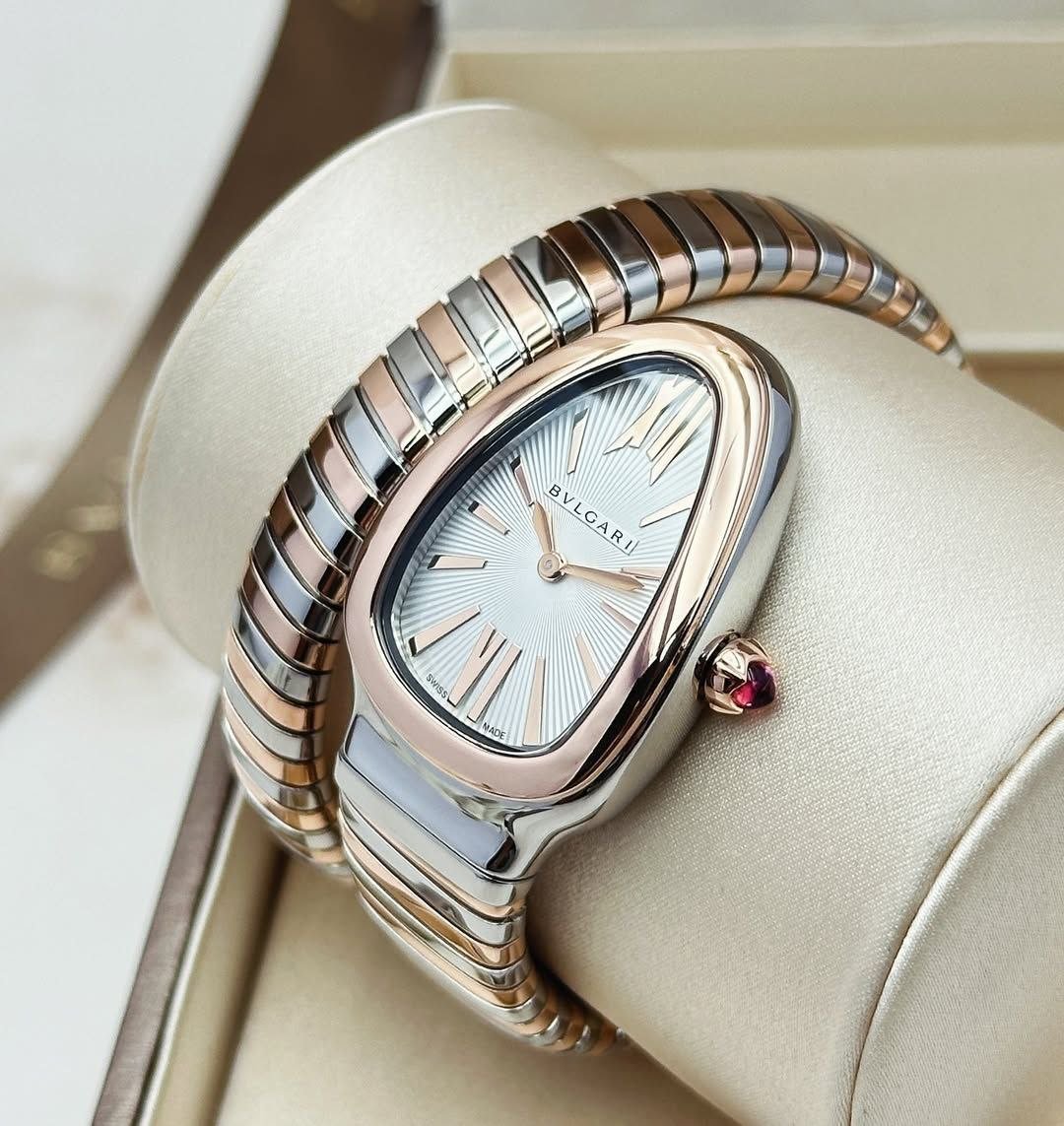 Bvlgari Serpenti Tubogas — Stainless Steel and 18k Rose Gold Case with White Opaline Dial and Two-Tone Spiral Flexible Bracelet Gallery