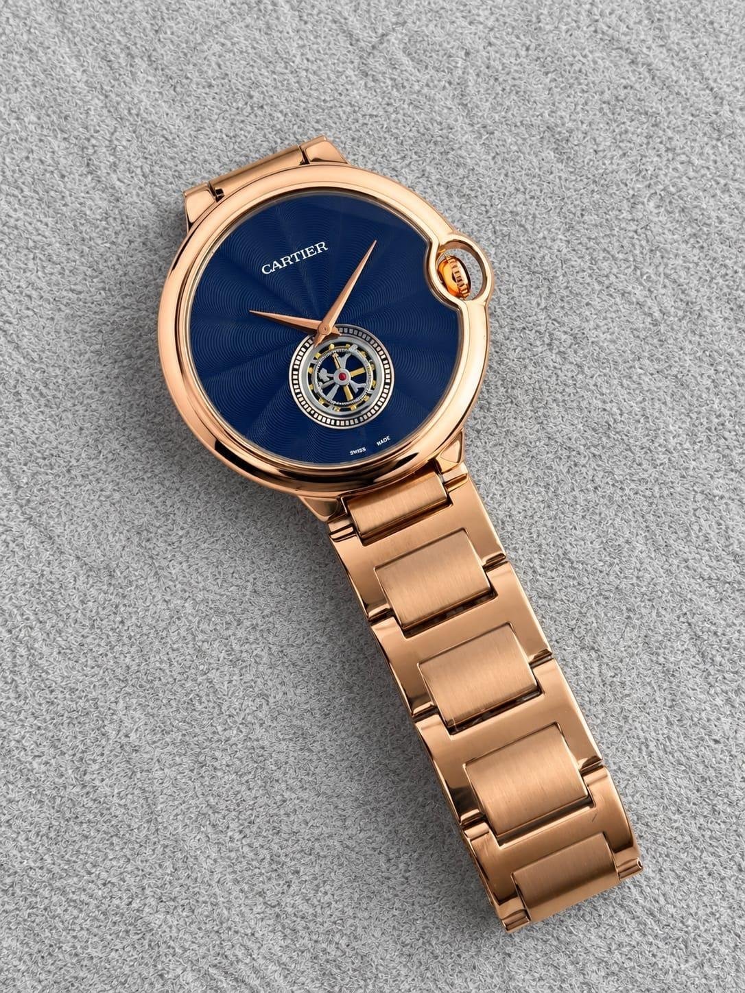 Cartier Ballon Bleu Flying Tourbillon (18k Rose Gold Edition) — 18k Rose Gold Case with Blue Guilloché Dial, Flying Tourbillon Open-Heart Window, Sapphire Cabochon Crown, and Matching Rose Gold Bracelet Hover
