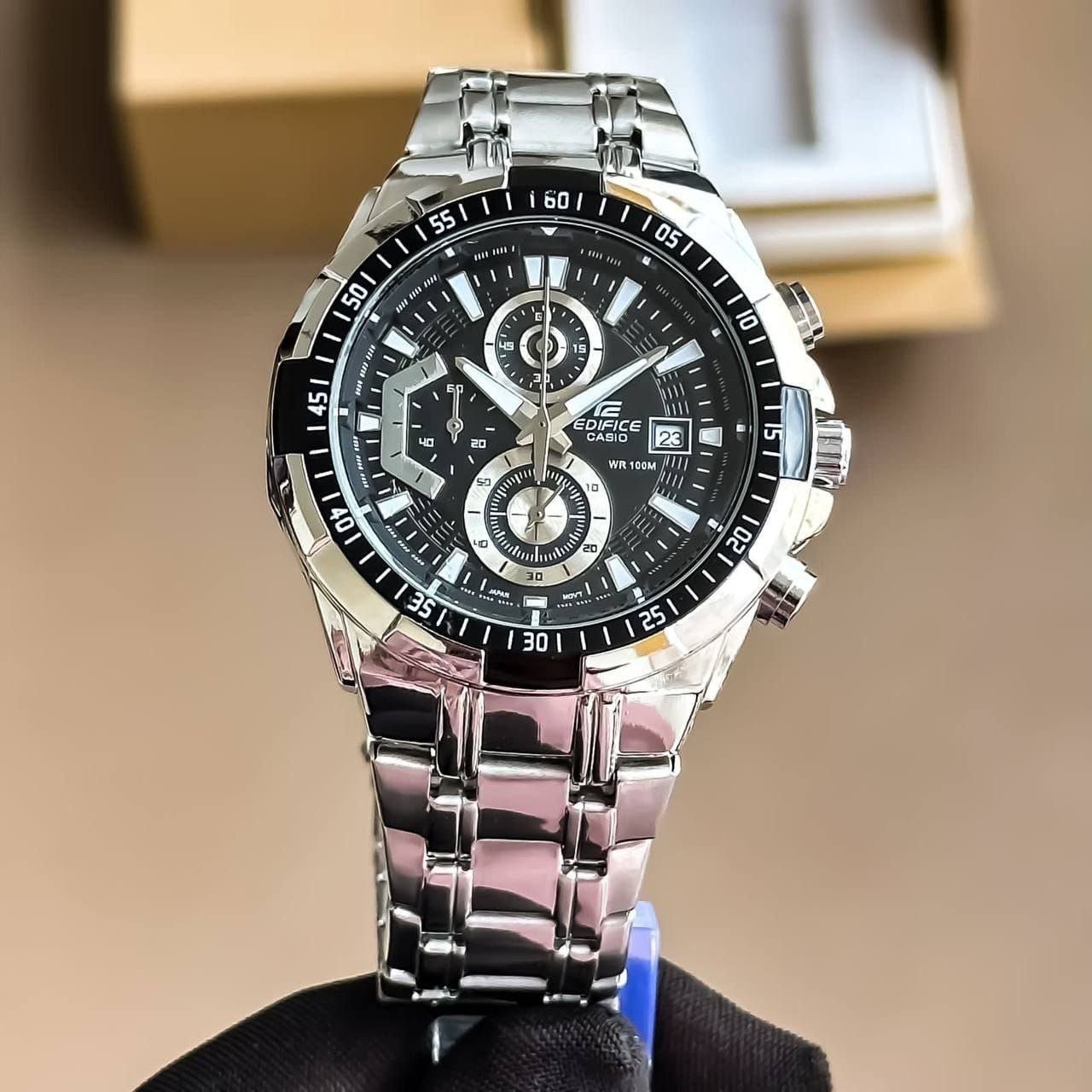 Casio Edifice Chronograph — Stainless Steel Case with Black Dial, Tachymeter Bezel, and Stainless Steel Bracelet Model Hover