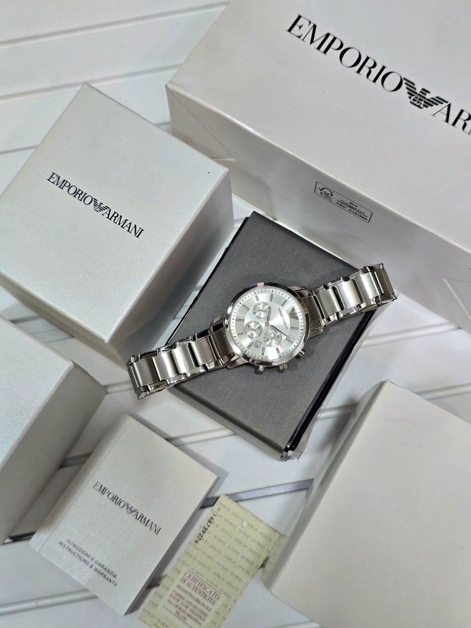 Emporio Armani Chronograph — Silver Stainless Steel Case with Silver-White Dial and Matching Stainless Steel Bracelet Hover