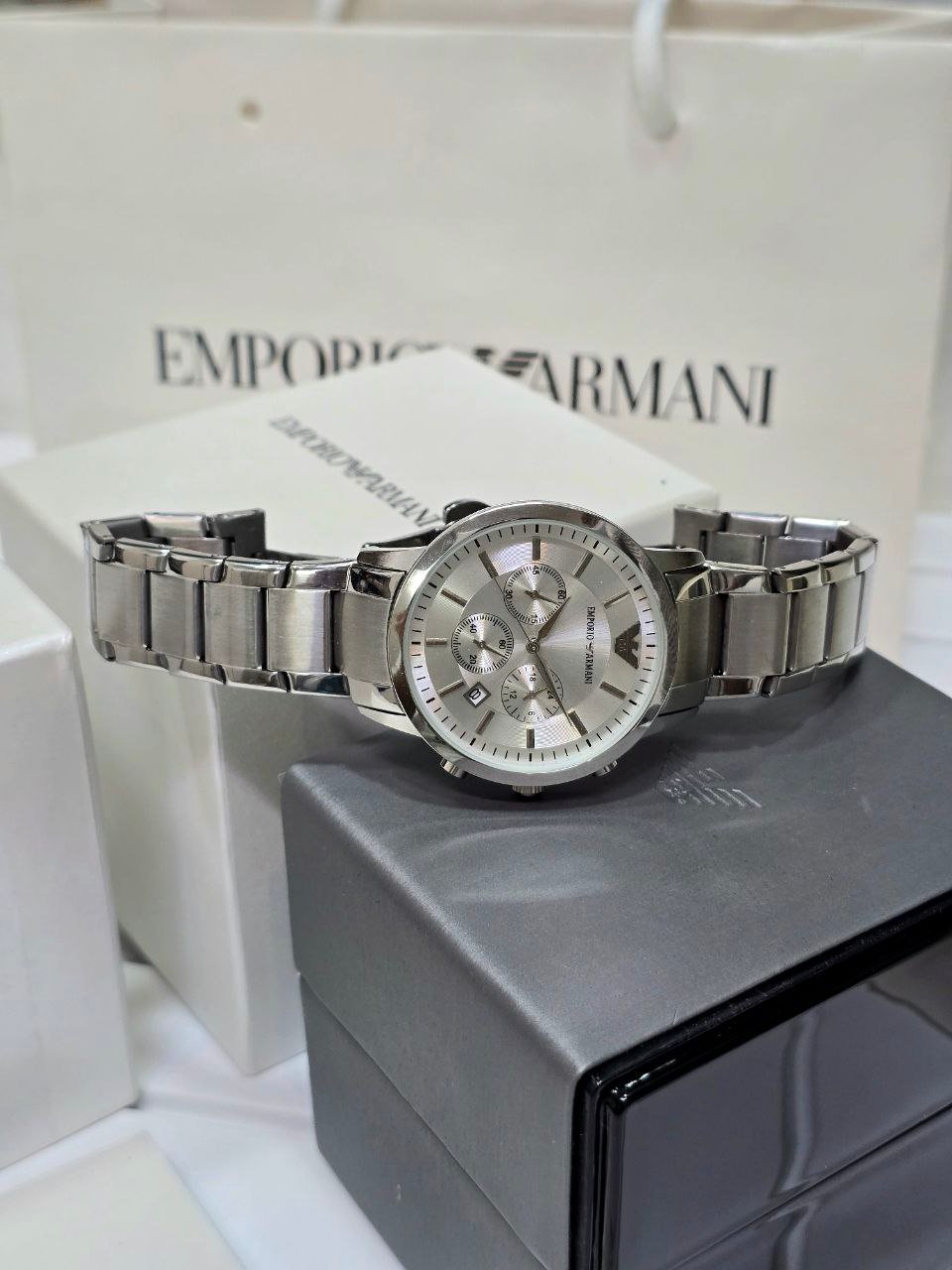 Emporio Armani Chronograph — Silver Stainless Steel Case with Silver-White Dial and Matching Stainless Steel Bracelet Gallery