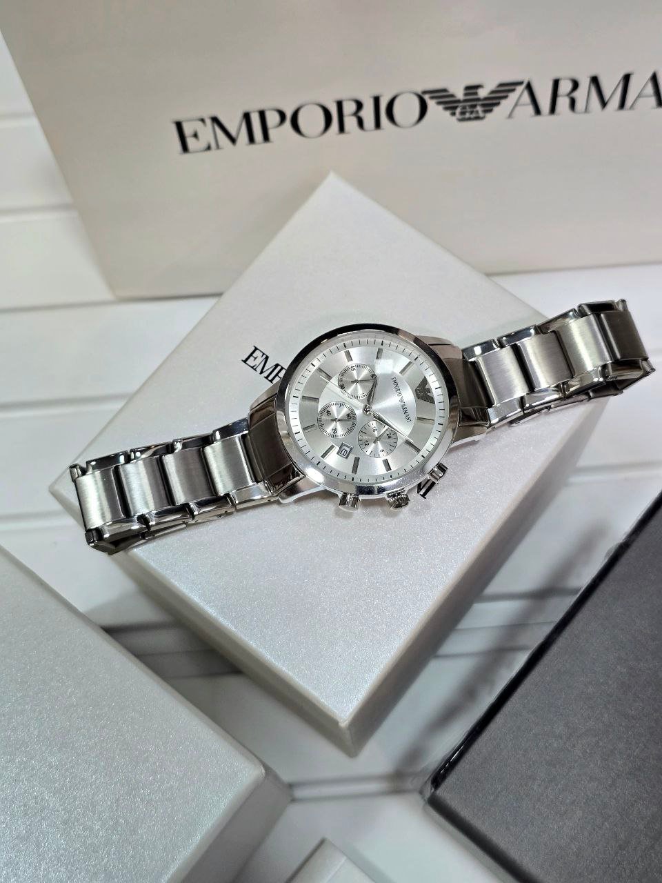 Emporio Armani Chronograph — Silver Stainless Steel Case with Silver-White Dial and Matching Stainless Steel Bracelet Gallery