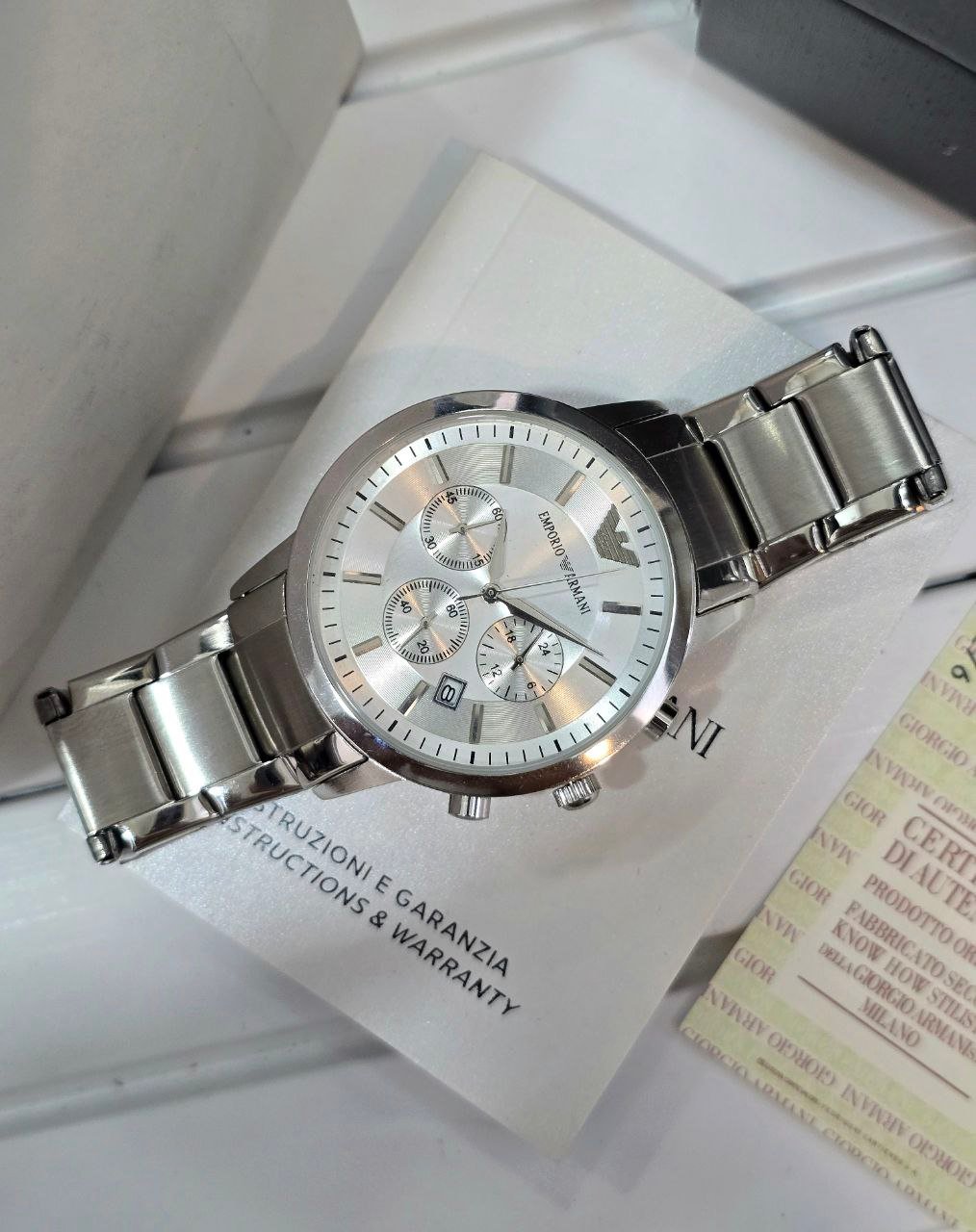 Emporio Armani Chronograph — Silver Stainless Steel Case with Silver-White Dial and Matching Stainless Steel Bracelet Gallery