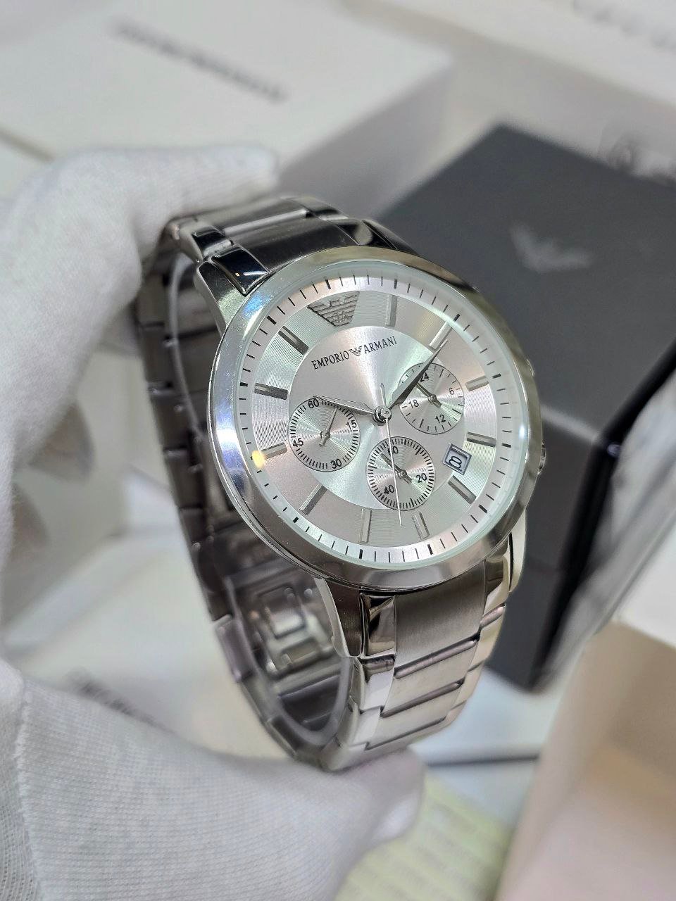 Emporio Armani Chronograph — Silver Stainless Steel Case with Silver-White Dial and Matching Stainless Steel Bracelet Gallery