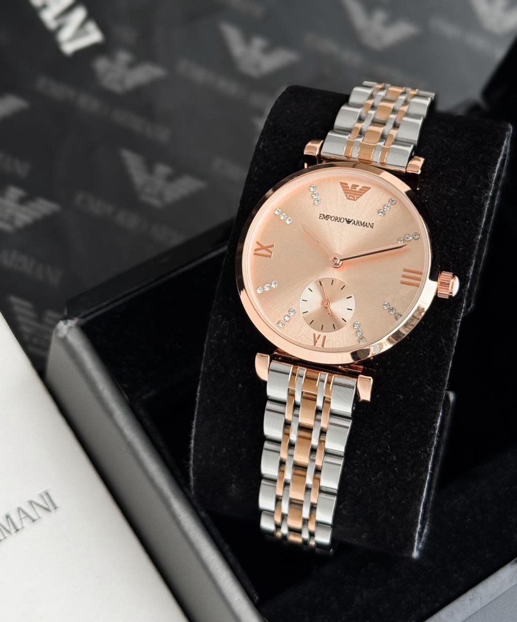 Emporio Armani Classic Women’s Two-Tone Watch (Rose-Gold and Silver Edition with Crystal Indices) — Model Gallery