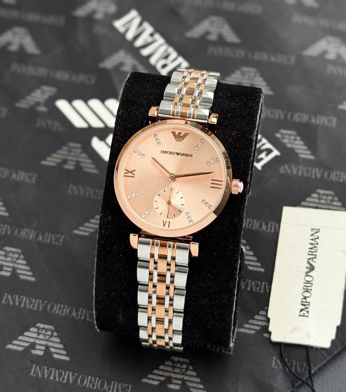 Emporio Armani Classic Women’s Two-Tone Watch (Rose-Gold and Silver Edition with Crystal Indices) — Model Gallery