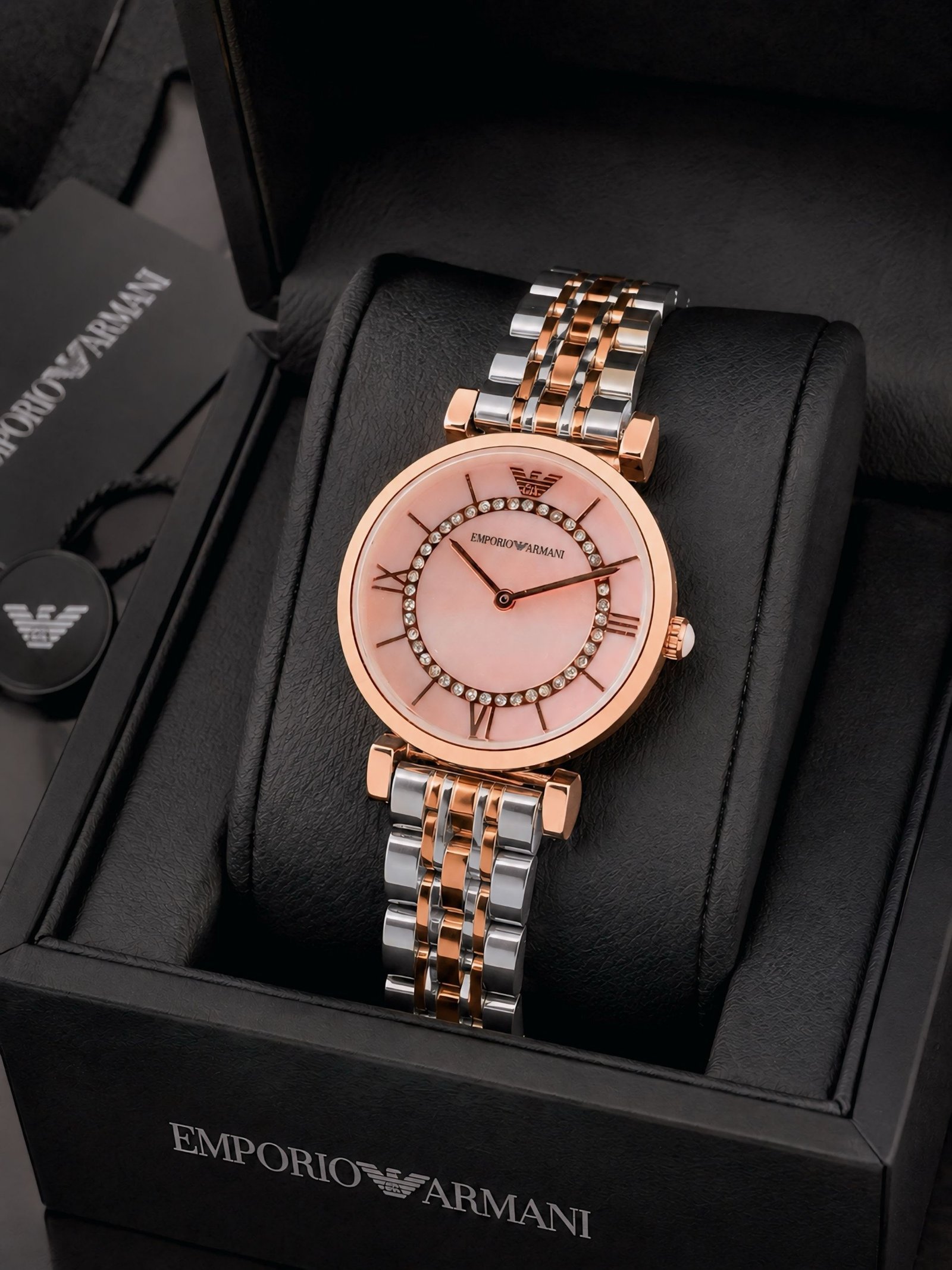 Emporio Armani Gianni T-Bar Soft Pink / Rose Gold Two-Tone Women's Watch Hover