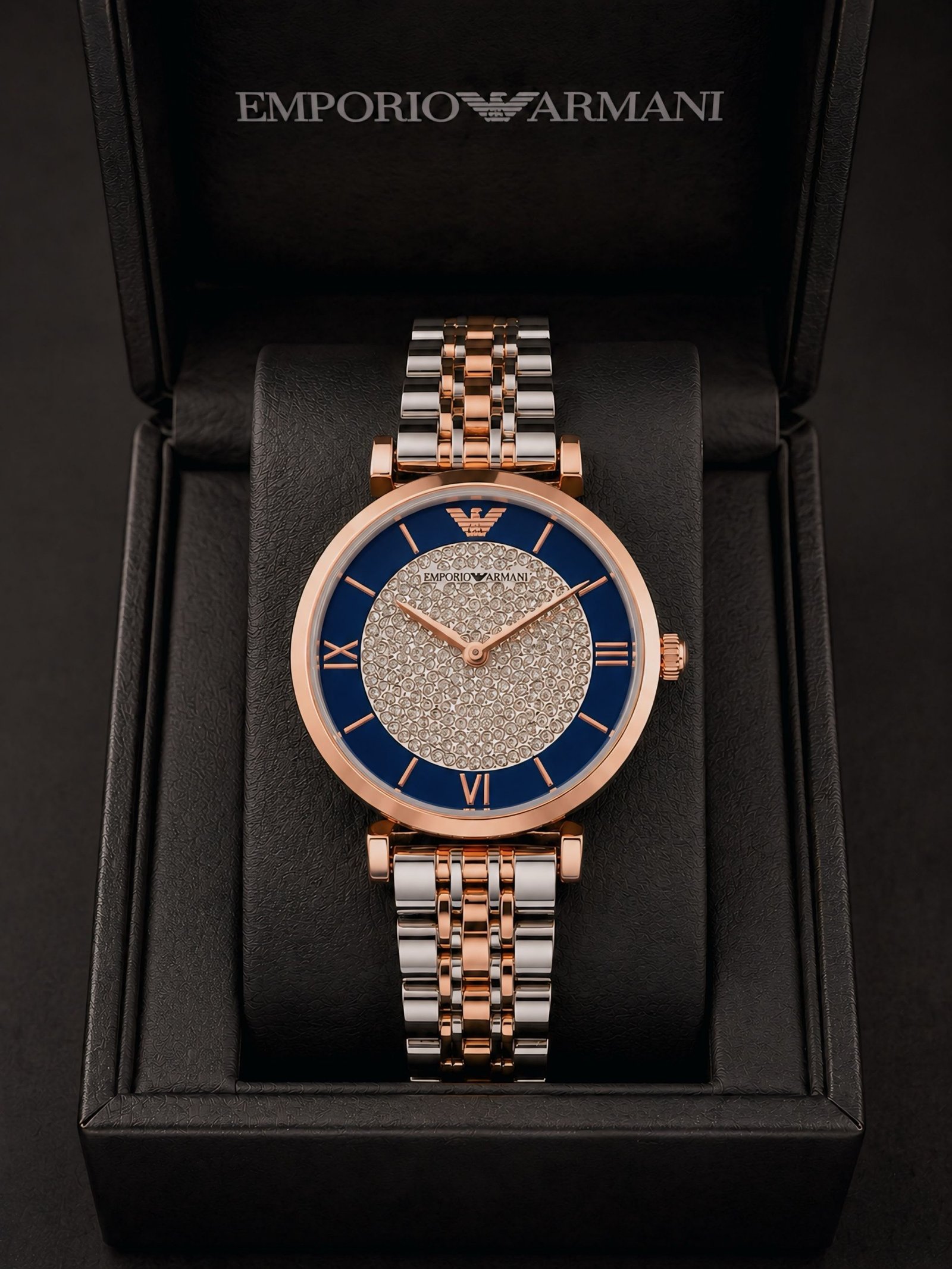 Emporio Armani Gianni T-Bar Two-Tone Blue Crystal Pavé Dial Women's Watch Hover