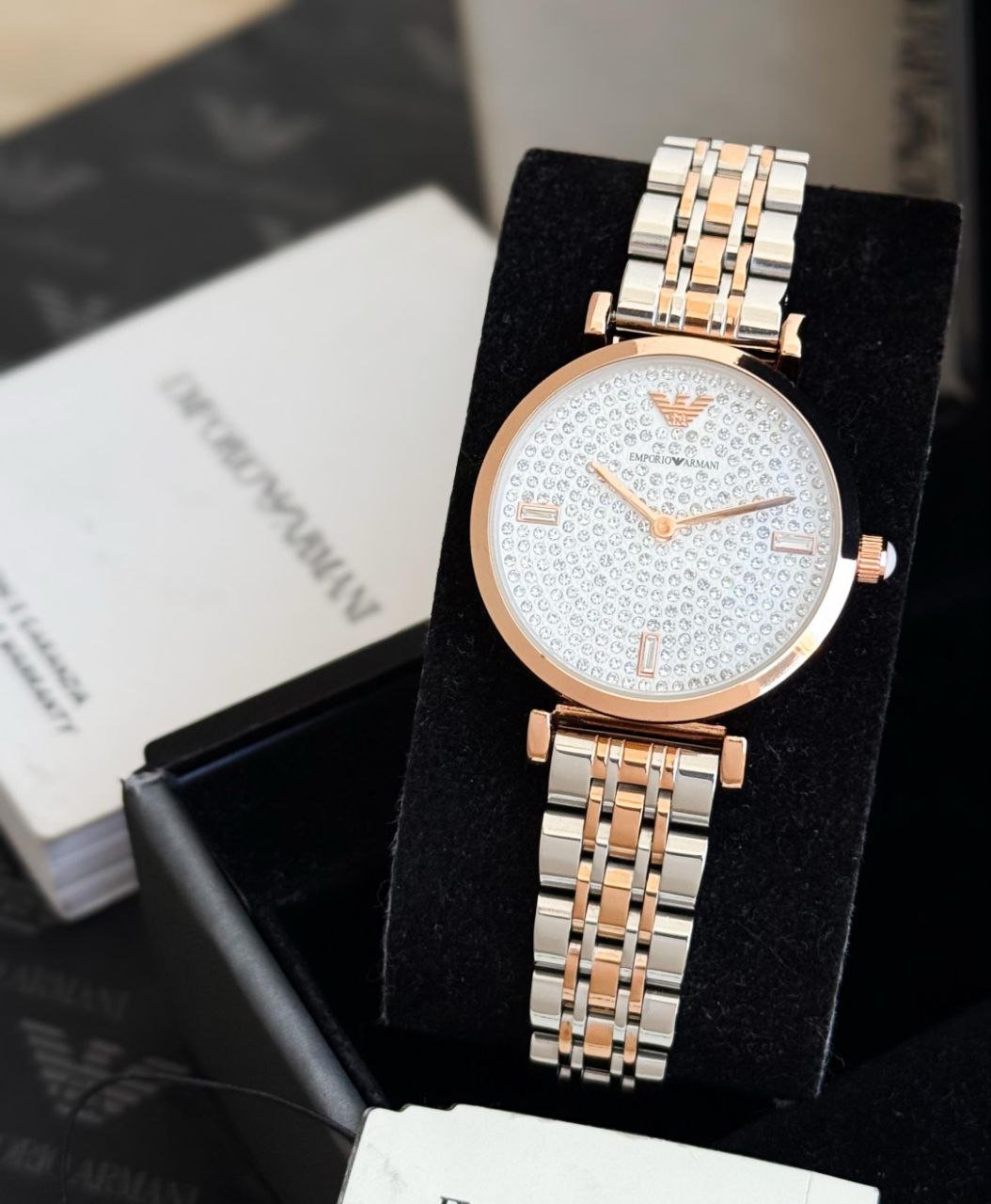 Emporio Armani Gianni T-Bar — Two-Tone Rose Gold and Silver-Tone Stainless Steel Case with Pave Crystal Dial and Two-Tone Bracelet Gallery