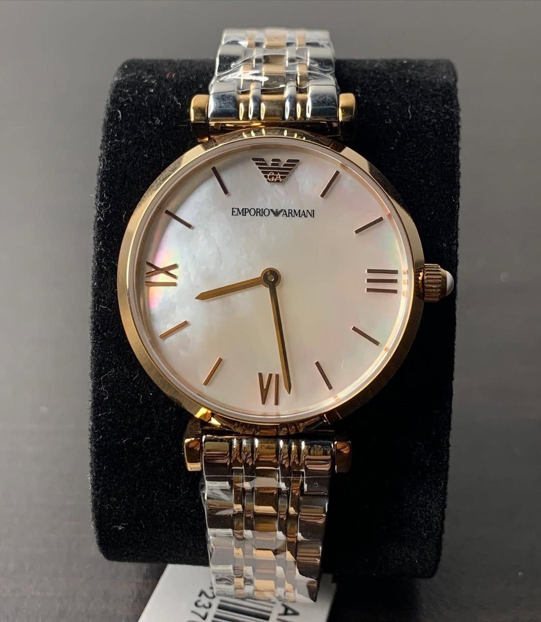 Emporio Armani Gianni T-Bar — Two-Tone Rose Gold and Silver-Tone Stainless Steel Case with White Dial, Roman Numerals, and Two-Tone Bracelet Gallery