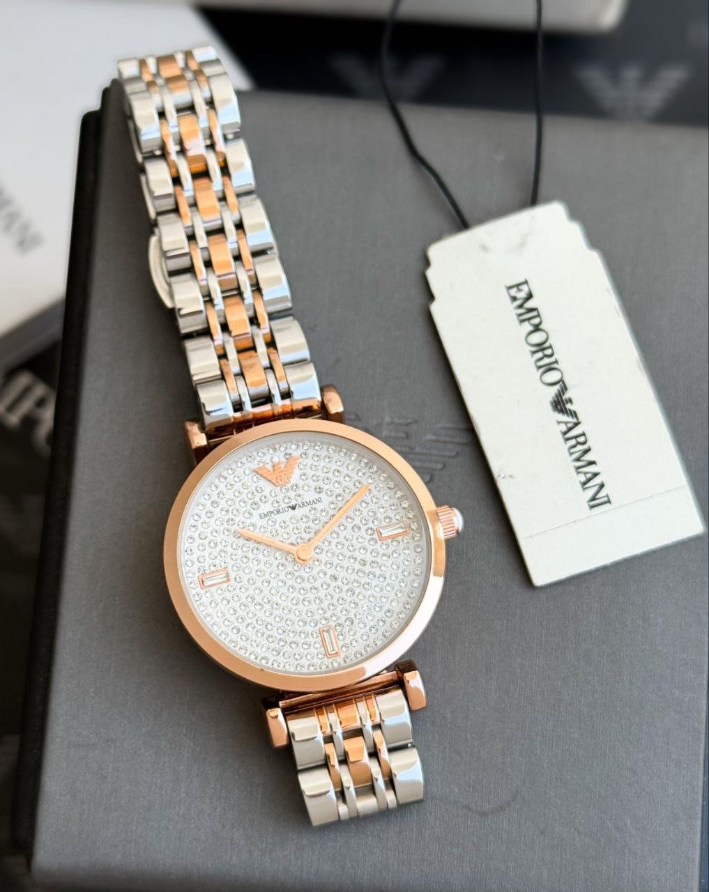 Emporio Armani Gianni T-Bar — Two-Tone Rose Gold and Silver-Tone Stainless Steel Case with Pave Crystal Dial and Two-Tone Bracelet Gallery