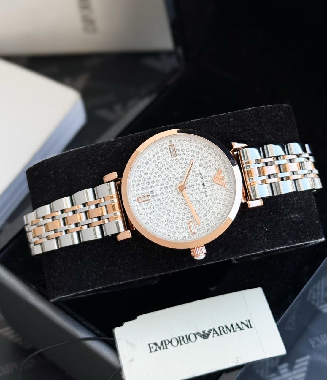 Emporio Armani Gianni T-Bar — Two-Tone Rose Gold and Silver-Tone Stainless Steel Case with Pave Crystal Dial and Two-Tone Bracelet Hover