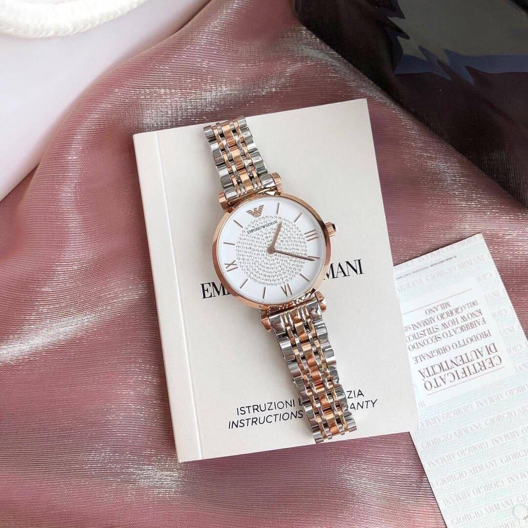 Emporio Armani Gianni T-Bar Women's Watch (Two-Tone Rose Gold & Silver-Tone Edition with Pavé Crystal Dial) — Model Gallery
