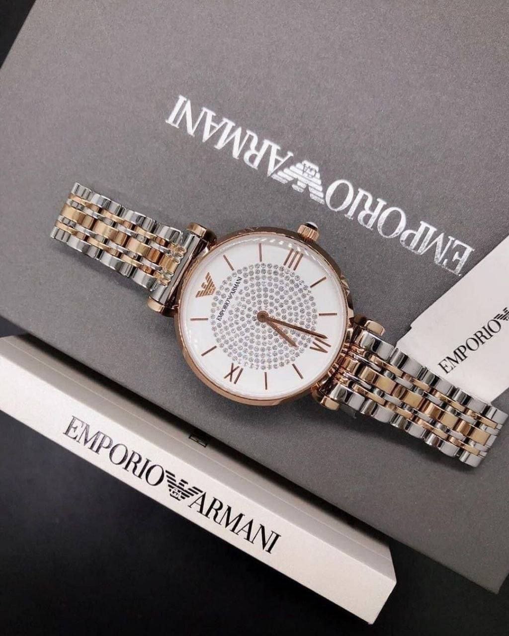 Emporio Armani Gianni T-Bar Women's Watch (Two-Tone Rose Gold & Silver-Tone Edition with Pavé Crystal Dial) — Model Gallery