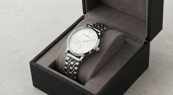 Emporio Armani Gianni T-Bar — Stainless Steel Case with Silver Sunray Dial, Small Seconds Sub-Dial, Roman Numeral Indices, and Multi-Row Steel Bracelet Gallery