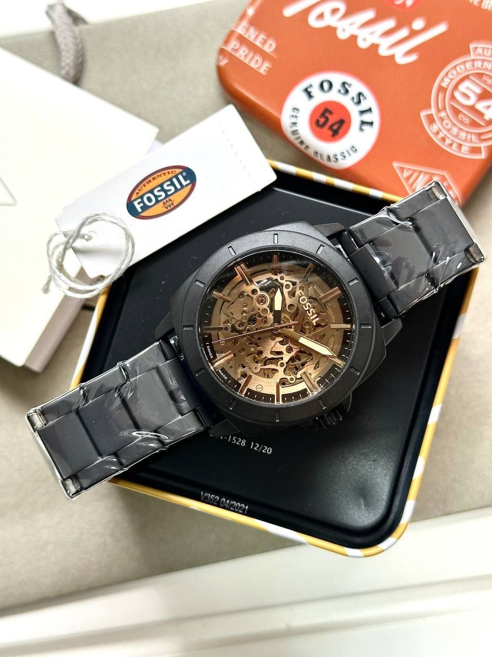 Fossil Automatic Skeleton Watch — Black Ion-Plated Stainless Steel Case with Gold-Tone Skeleton Dial and Black Steel Bracelet Hover