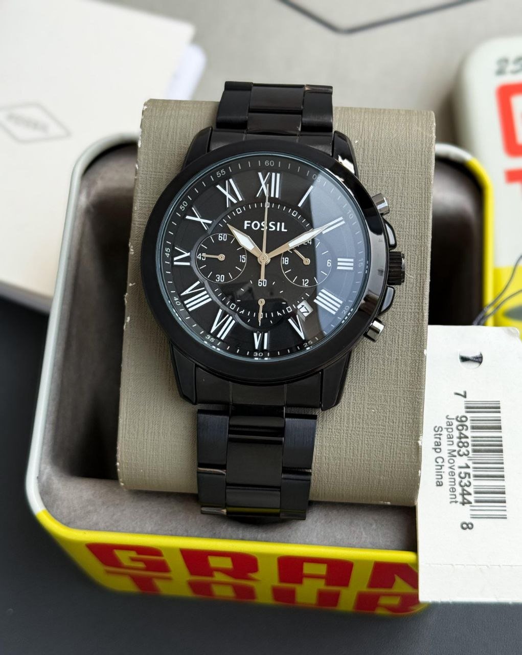 Fossil Grant Chronograph (All-Black Stainless Steel Edition with Roman Numerals) — Model Variant similar to FS4994 Hover