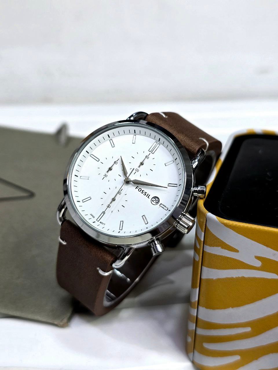 Fossil Grant Chronograph (Stainless Steel Case with White Dial and Brown Leather Strap) Hover