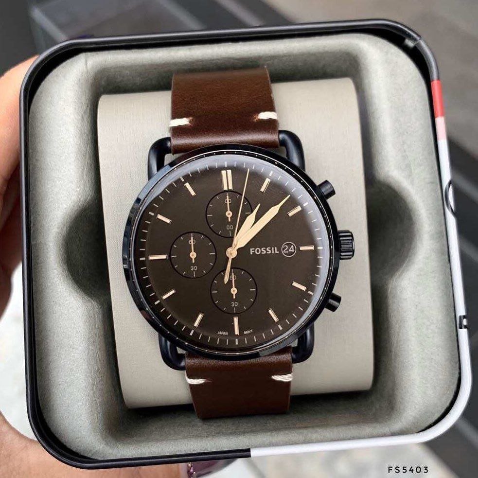 Fossil Grant Chronograph — Black Ion-Plated Stainless Steel Case with Black Dial, Roman Numerals, Chronograph Sub-Dials, and Brown Leather Strap Hover