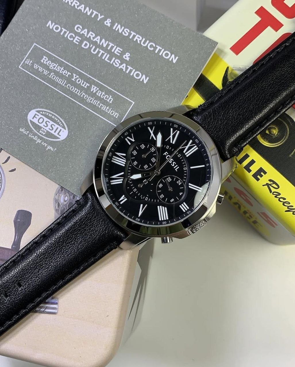 Fossil Grant Chronograph — Stainless Steel Case with Black Dial, Roman Numerals, and Leather Strap Gallery