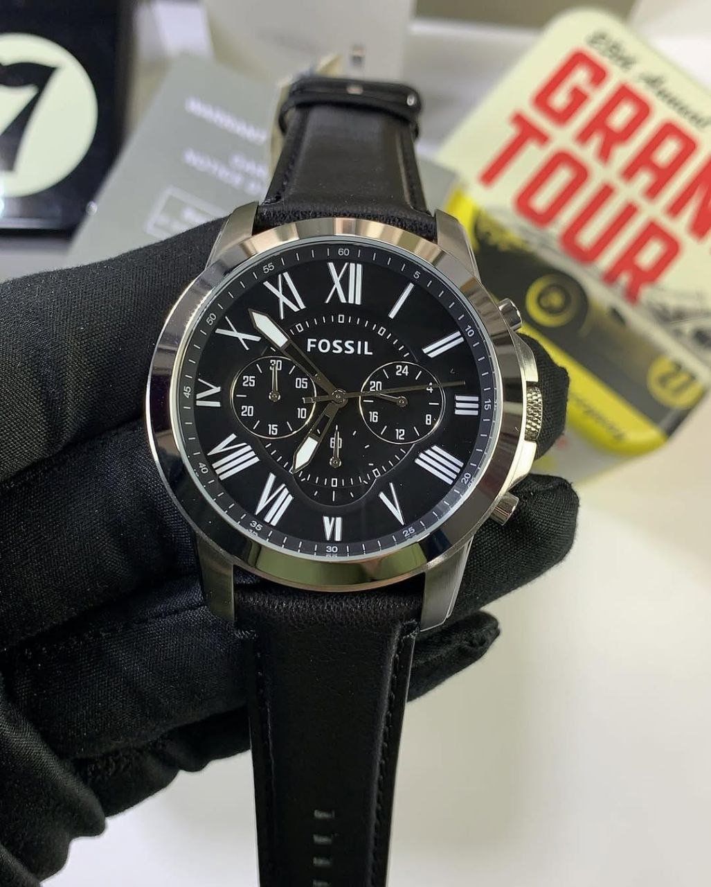Fossil Grant Chronograph — Stainless Steel Case with Black Dial, Roman Numerals, and Leather Strap Hover