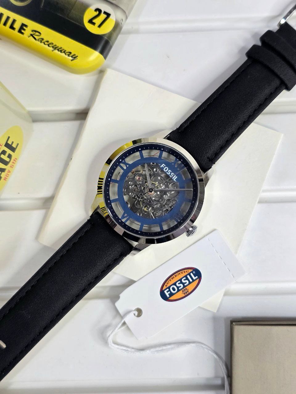 Fossil Grant / Townsman Automatic Skeleton (Polished Stainless Steel Case with Blue Open-Work Skeleton Dial and Black Leather Strap) Gallery