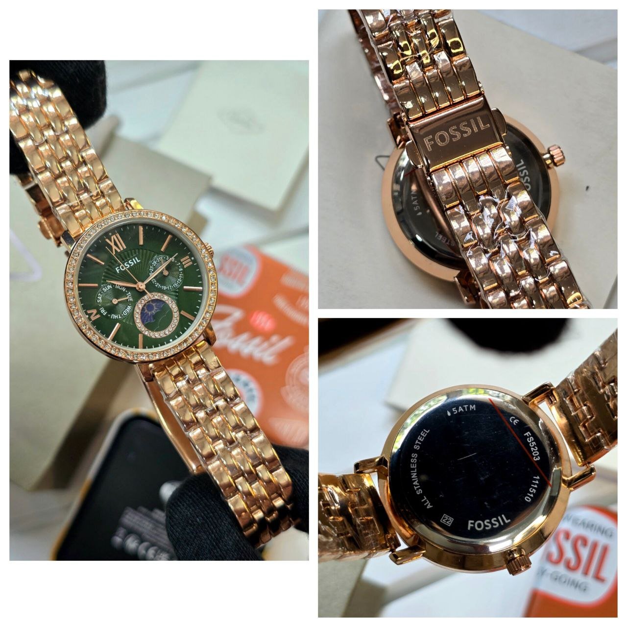 Fossil Jacqueline Multifunction / Carlie Women's Watch (Rose Gold-Tone Stainless Steel Case with Crystal Bezel, Green Sunburst Dial, Sub-dials, and Multi-Row Link Bracelet) Gallery