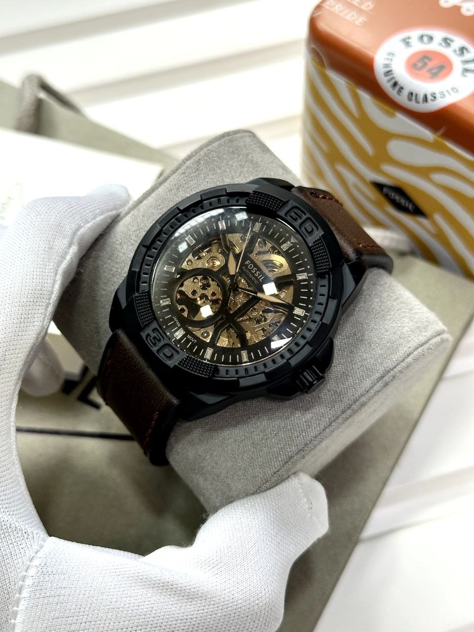 Fossil Machine Mechanical Automatic — Black Ion-Plated Stainless Steel Case with Skeleton Dial and Brown Leather Strap Model Hover