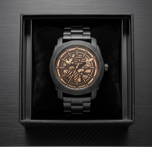 Fossil Machine Mechanical Automatic (Black PVD-Coated Stainless Steel Case with Knurled Bezel, Open-Work Skeleton Dial, Rose-Gold Accents, and Matching Black Steel Bracelet) Hover
