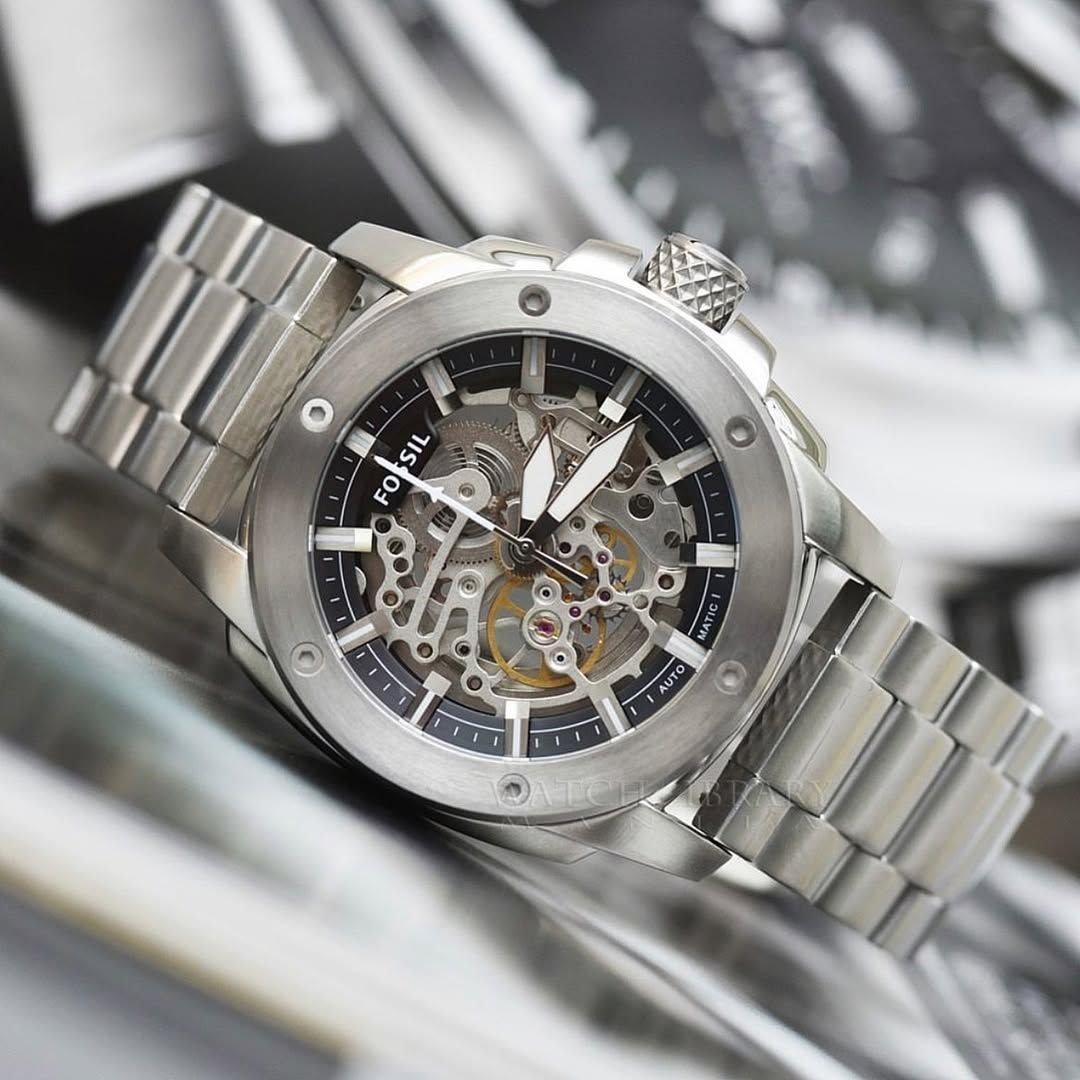 Fossil Machine Mechanical Automatic — Silver-Tone Stainless Steel Case with Skeleton Dial and Matching Bracelet Model Hover