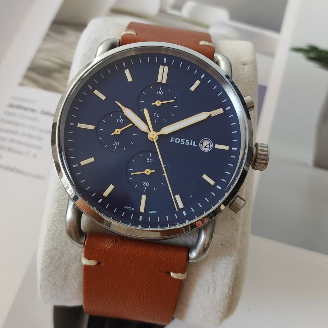Fossil Neutra Chronograph (Ref. FS5453) — Stainless Steel Case with Blue Satin Dial, Chronograph Sub-dials, Date Window, and Brown Leather Strap Hover