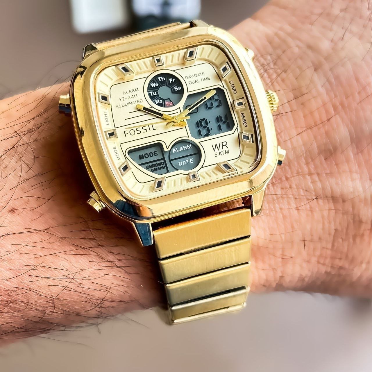 Fossil Retro-Engineered Hybrid / Square Ana-Digi Series (Gold-Tone Stainless Steel Square Case with Analog Hands, Digital LCD Sub-Display, Day Indicator, and Gold Link Bracelet) Gallery