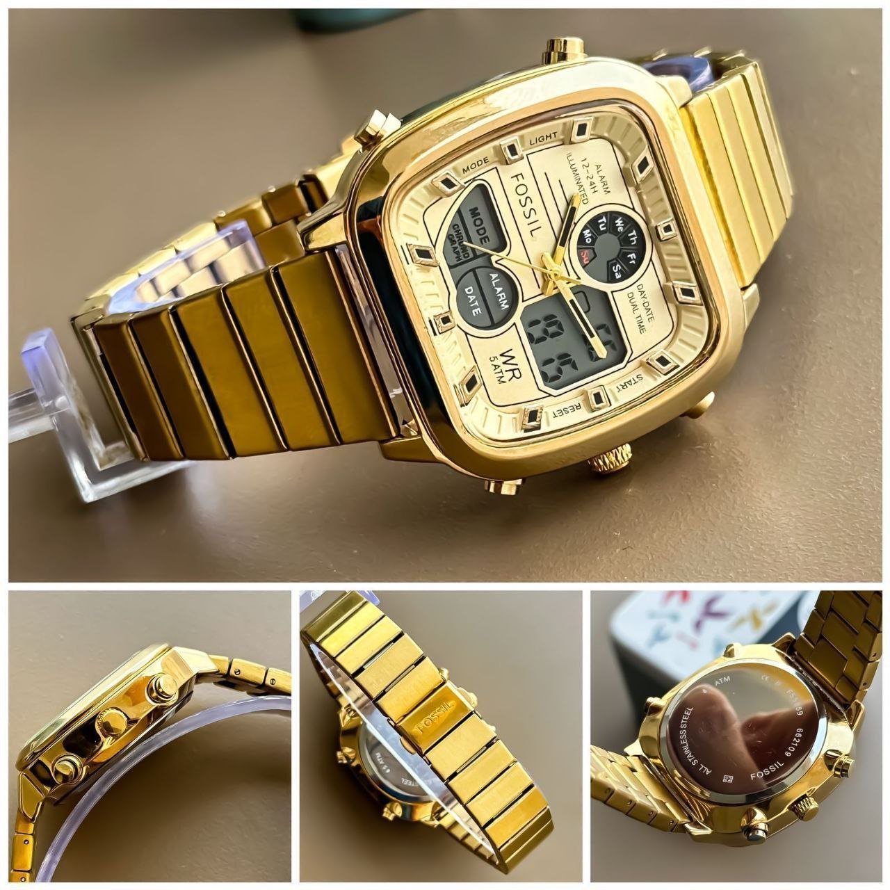 Fossil Retro-Engineered Hybrid / Square Ana-Digi Series (Gold-Tone Stainless Steel Square Case with Analog Hands, Digital LCD Sub-Display, Day Indicator, and Gold Link Bracelet) Gallery