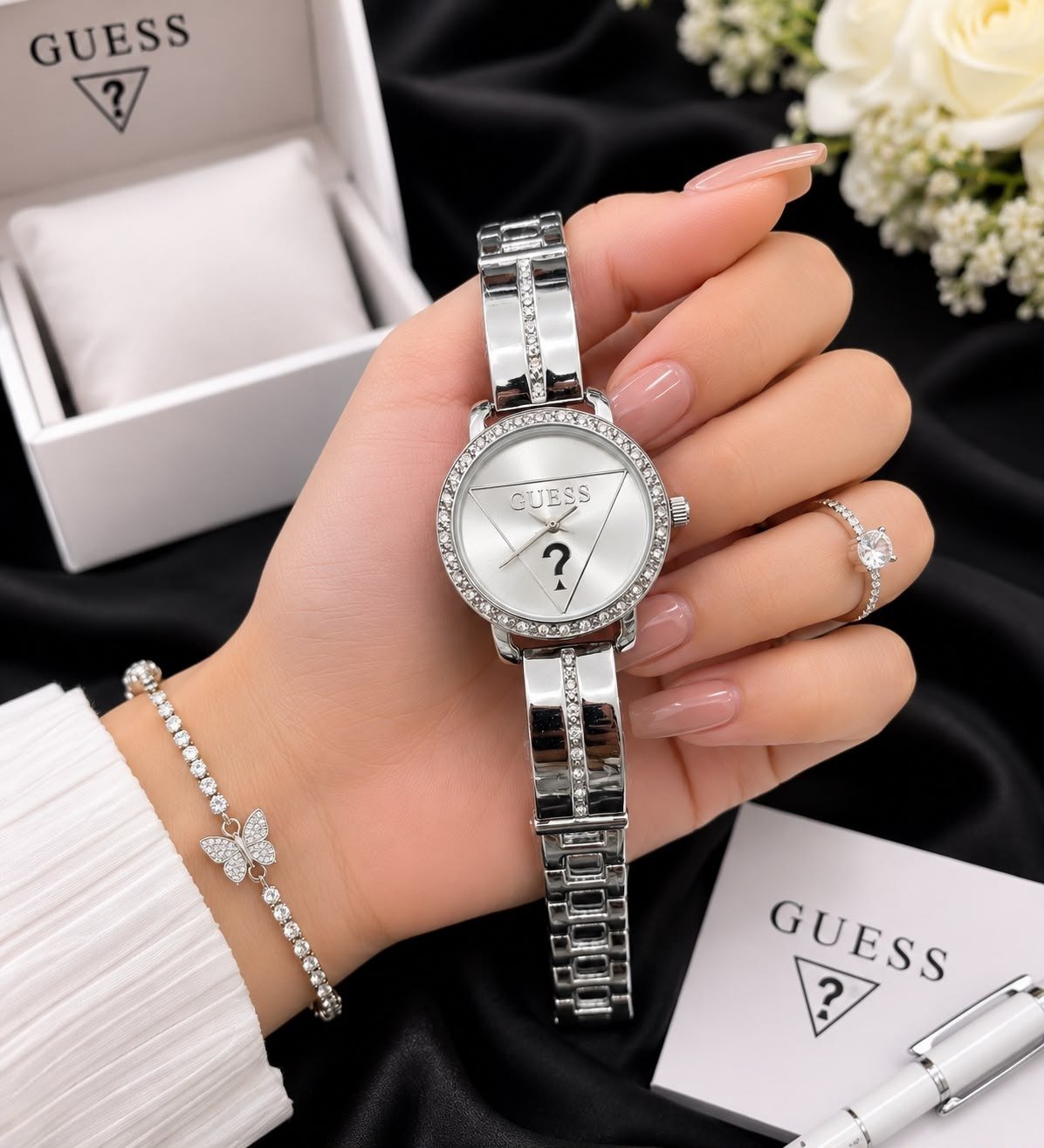 GUESS Women's Crystal Triangle Logo Dress Watch Gallery