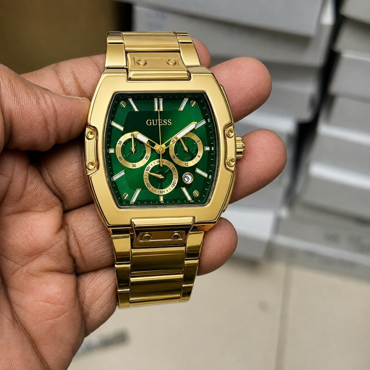 Guess Dress Rectangular / Tonneau Green Dial Gold-Tone Men's Watch Hover