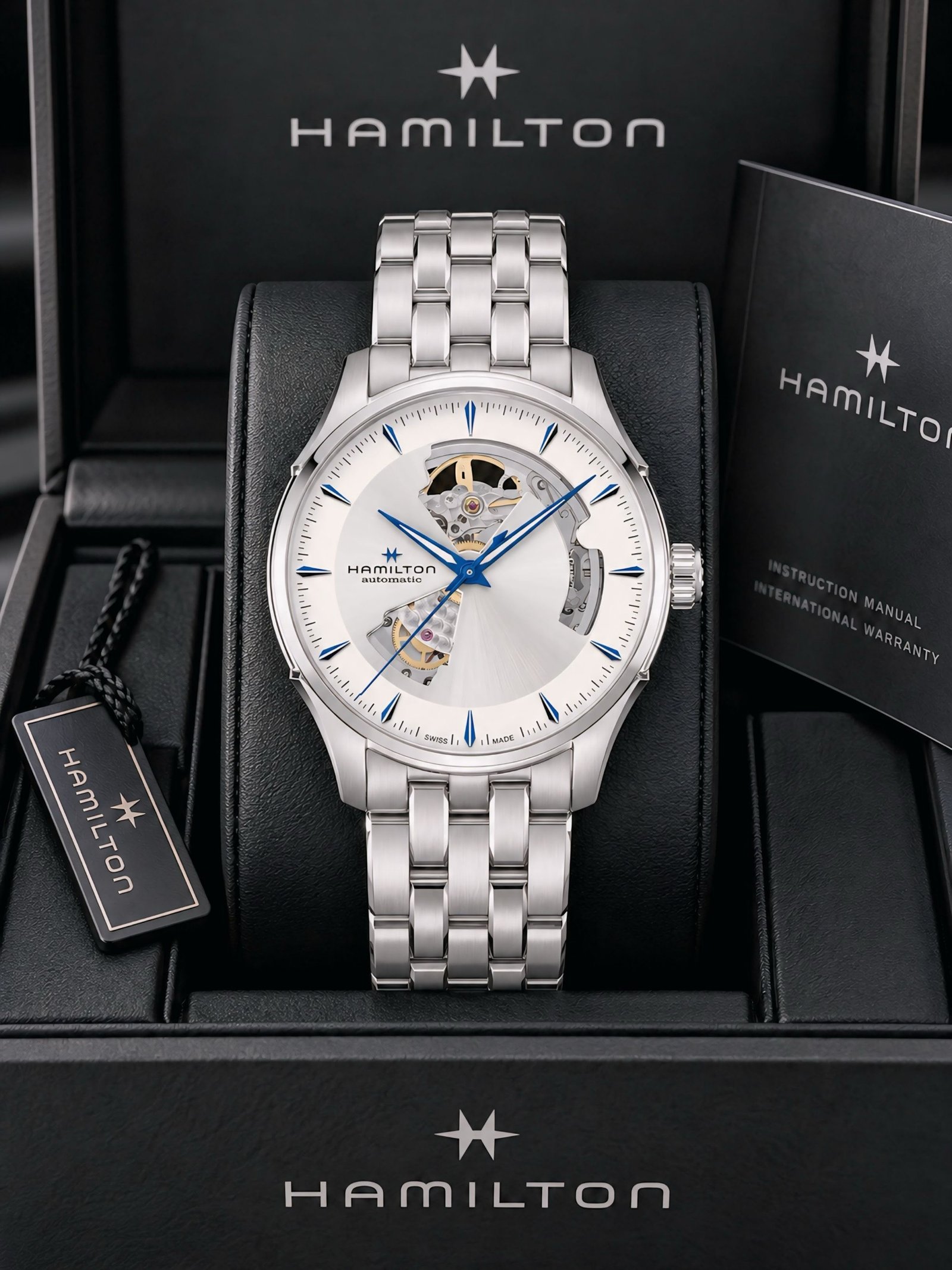 Hamilton Jazzmaster Open Heart Auto (Silver Dial with Blue Hands Edition, Ref. H32705151 / H327050 Series) — Stainless Steel Case with Silver Open-Heart Cutout Dial, Blued Hands, Blue Indices, and Stainless Steel Link Bracelet Hover