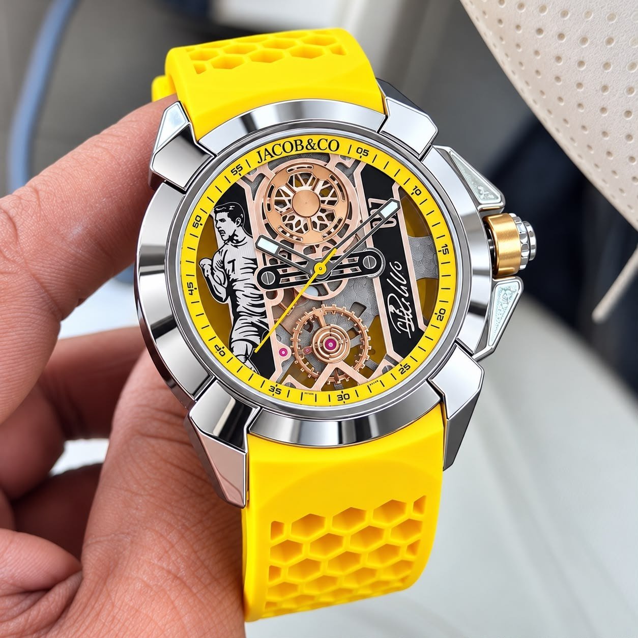 Jacob & Co. Epic X CR7 "Flight of CR7" (Cristiano Ronaldo Limited Edition) — Stainless Steel & Rose Gold Accent Case with Skeleton Dial, Cristiano Ronaldo Artwork, Signature 'CR7' Column, and Honeycomb Yellow Rubber Strap Hover