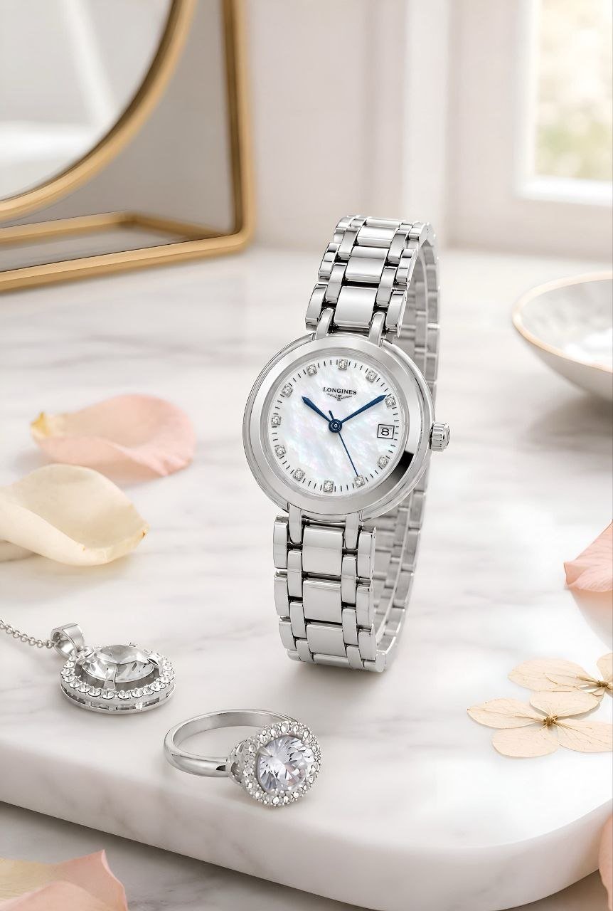 Longines Flagship Heritage / Presence — Stainless Steel Case with Mother-of-Pearl Diamond Dial, Date Window, and Steel Link Bracelet Gallery