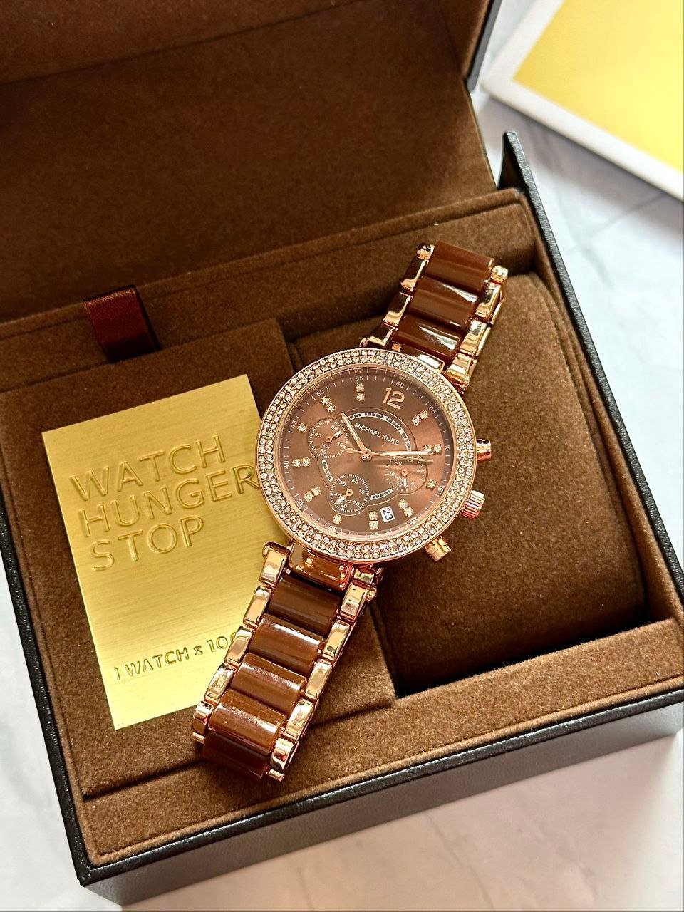Michael Kors Parker — Rose Gold-Tone and Brown Acetate Chronograph with Pavé Bezel (Model Reference: MK6065 / Parker Collection) Gallery