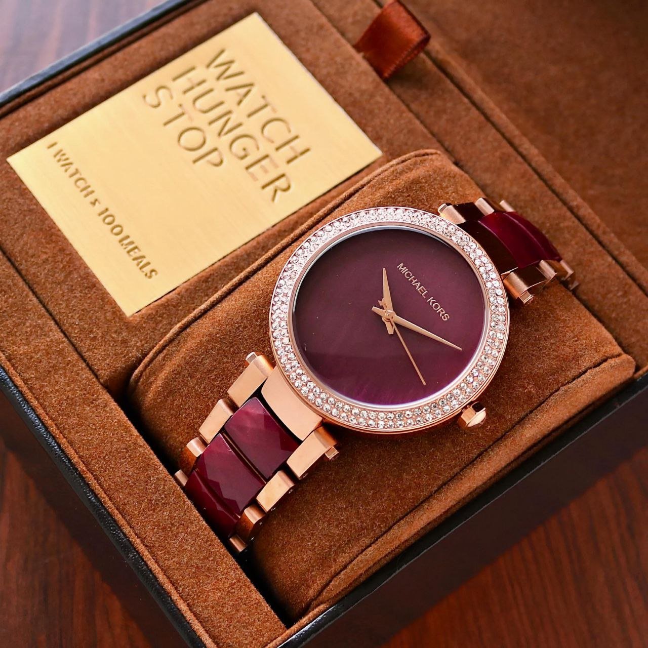 Michael Kors Parker Women's Watch (Rose Gold-Tone and Deep Burgundy/Maroon Acetate Edition with Pavé Crystal Bezel) Hover
