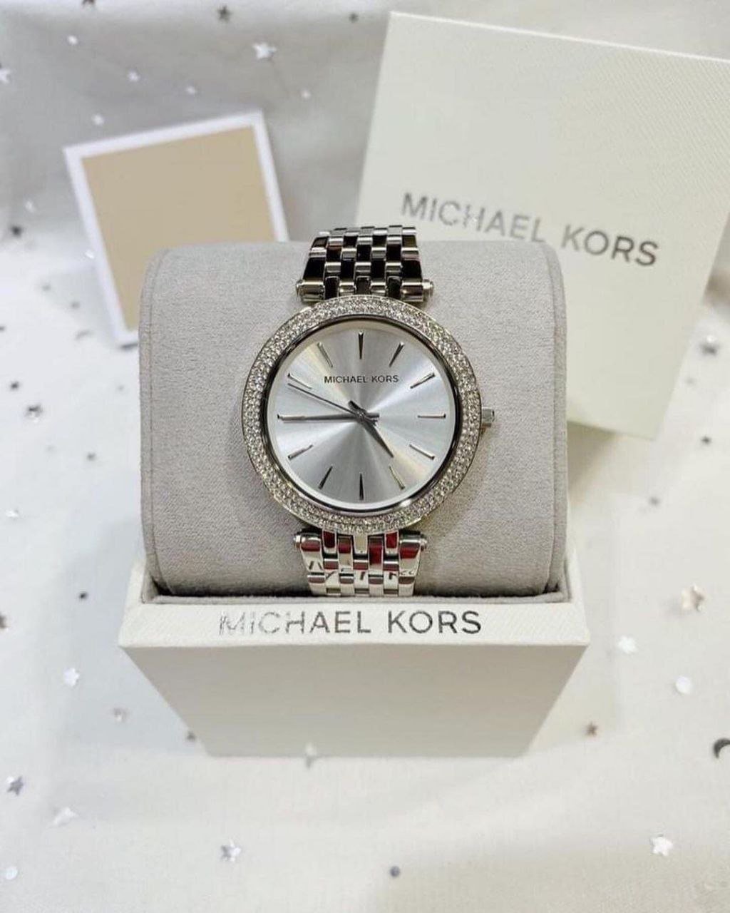 Michael Kors Pyper Pave — Silver-Tone Stainless Steel Watch with Crystal-Embellished Bezel, Silver Sunray Dial, and Multi-Row Bracelet (Model Reference: MK Pyper Collection) Hover