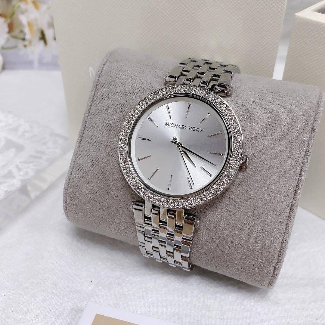 Michael Kors Pyper Pave — Silver-Tone Stainless Steel Watch with Crystal-Embellished Bezel, Silver Sunray Dial, and Multi-Row Bracelet (Model Reference: MK Pyper Collection) Gallery