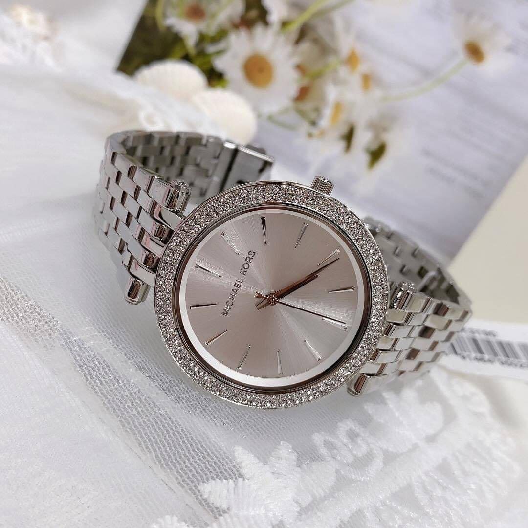 Michael Kors Pyper Pave — Silver-Tone Stainless Steel Watch with Crystal-Embellished Bezel, Silver Sunray Dial, and Multi-Row Bracelet (Model Reference: MK Pyper Collection) Gallery