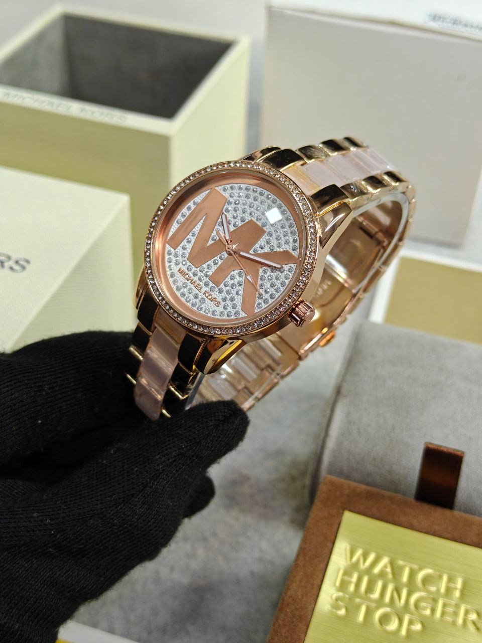 Michael Kors Pyper — Rose Gold-Tone Pave Topring with Bold MK Monogram Glitz Dial (Model Reference: MK4594 / Pyper Collection) Gallery